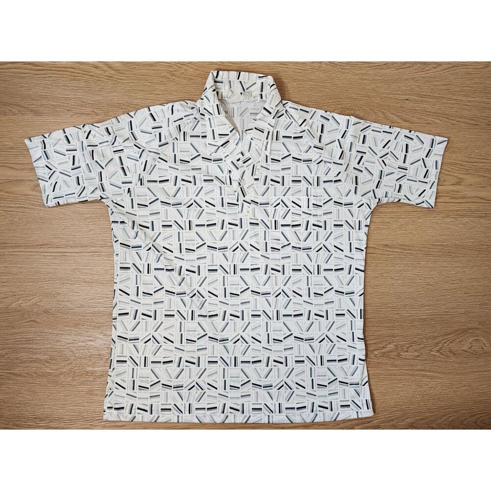 Vtg 80s SPIRE Disco Shirt Mens XXL Tall Hippie Mid Century Stretch Geometric